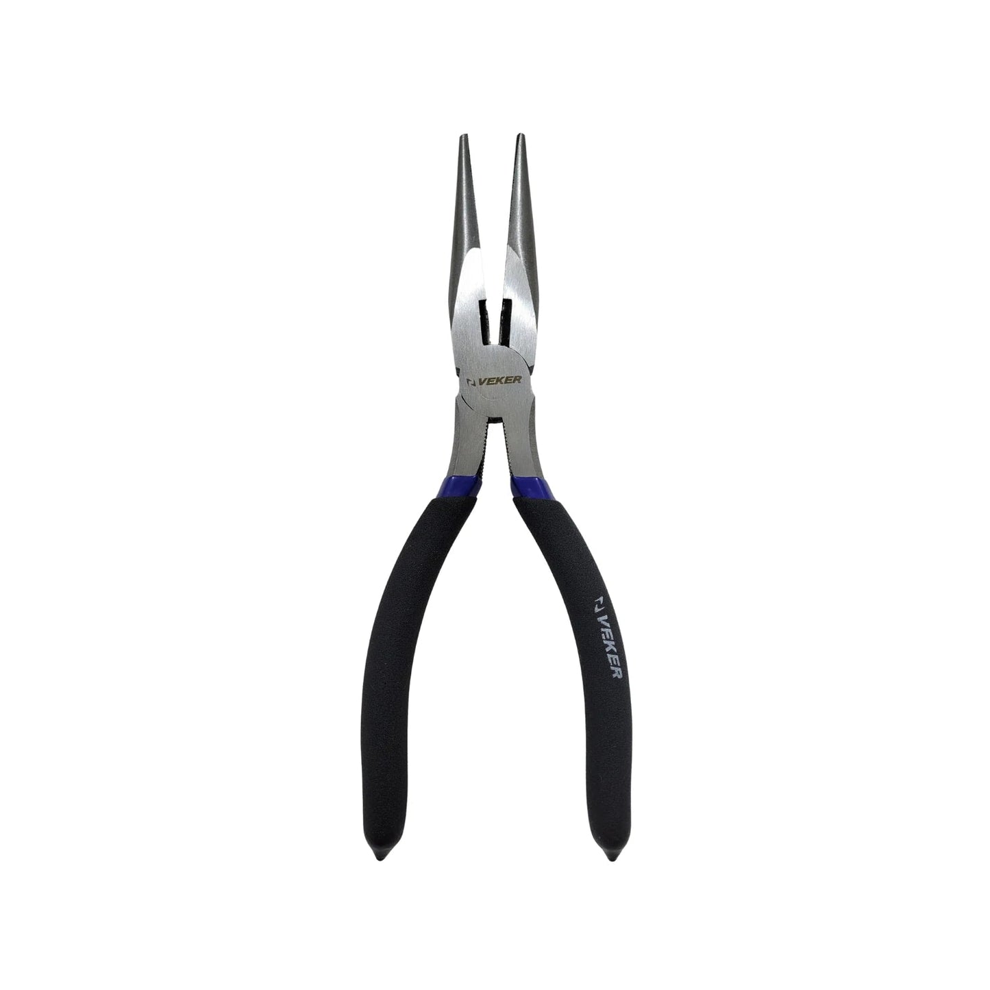 Pinzas de punta y corte largas VEKER con mangos ergonómicos negros y azules para trabajos eléctricos y de precisión.