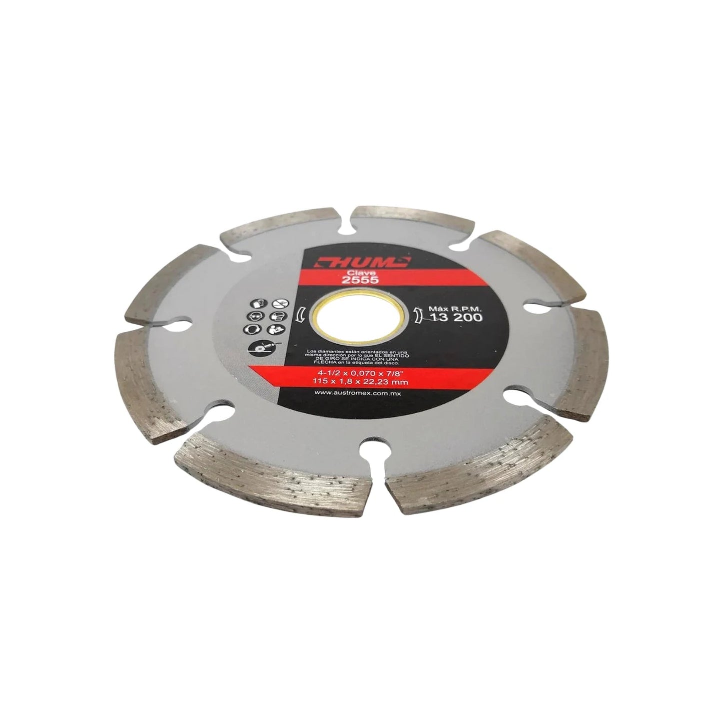 Disco de corte diamantado segmentado HUM 2555, 4-1/2 pulg para concreto, ladrillo, mampostería