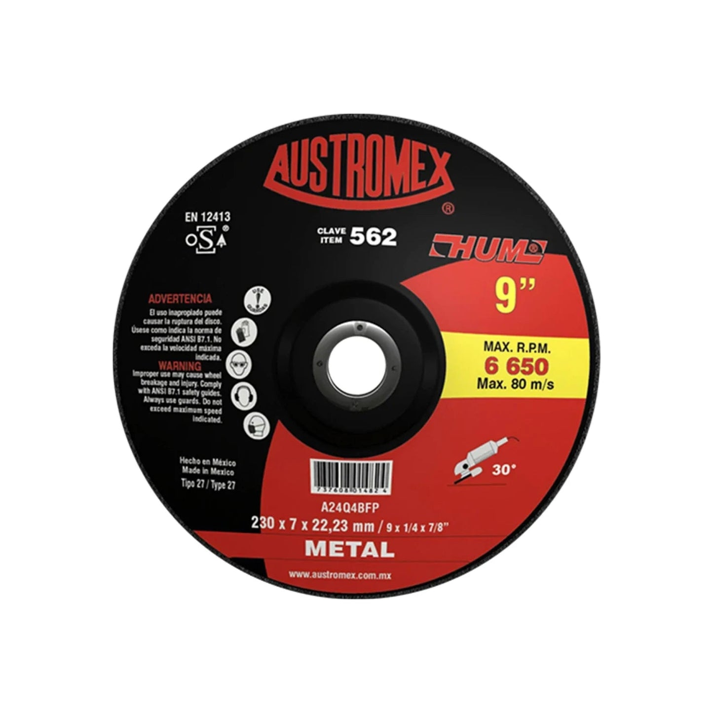 Disco de desbaste Austromex HUM 562 de 9" para metal, 6650 RPM, Tipo 27, uso en amoladora angular.