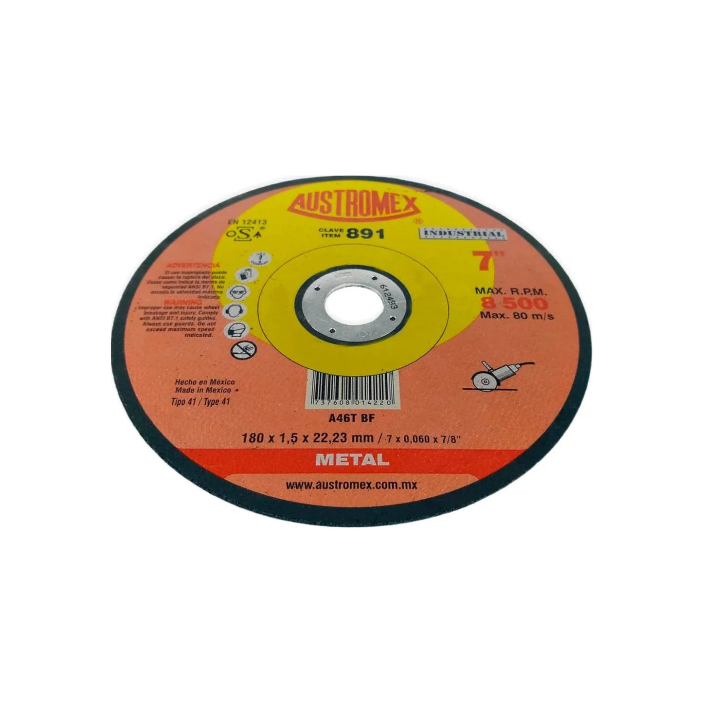 Disco de corte Austromex 7" (180mm) para metal, modelo 891, abrasivo A46T BF, 8500 RPM
