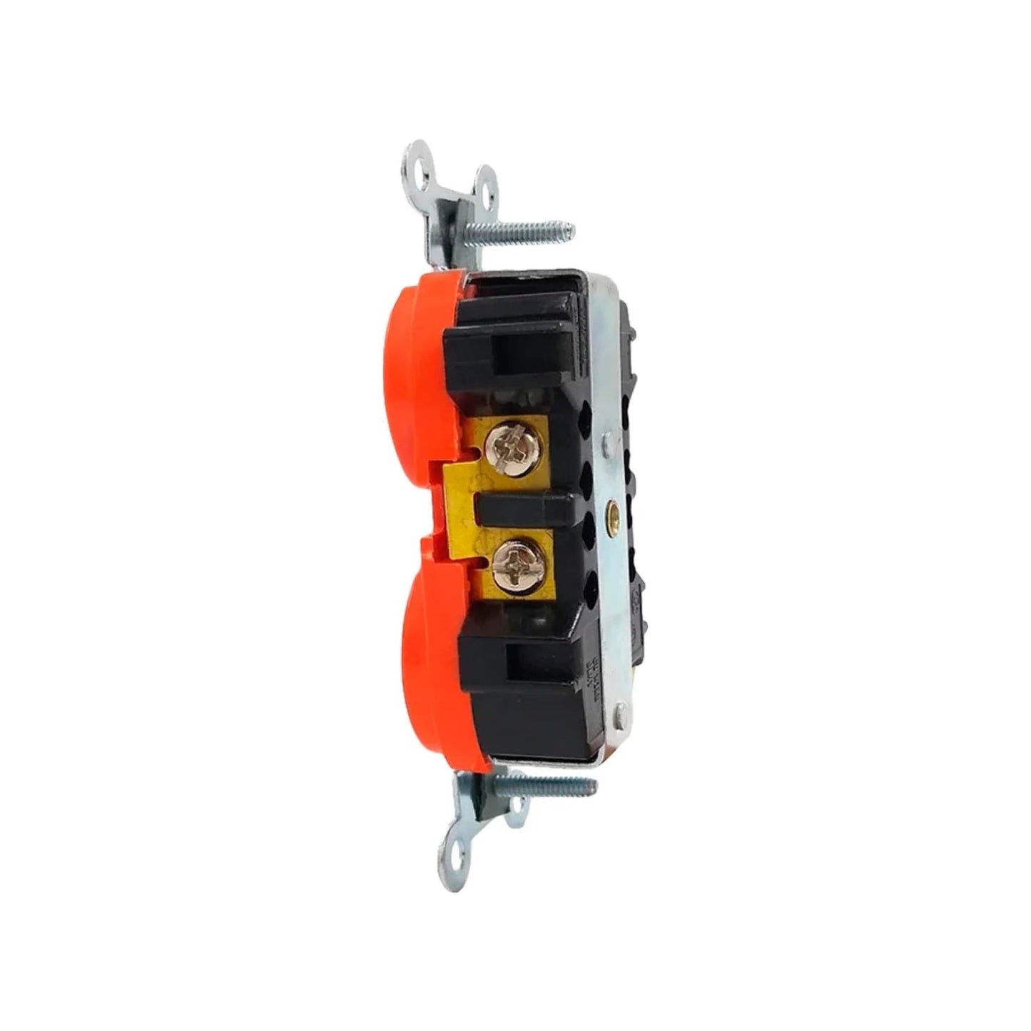 Contacto dúplex eléctrico naranja, vista lateral con terminales de cableado y tornillos de montaje visible