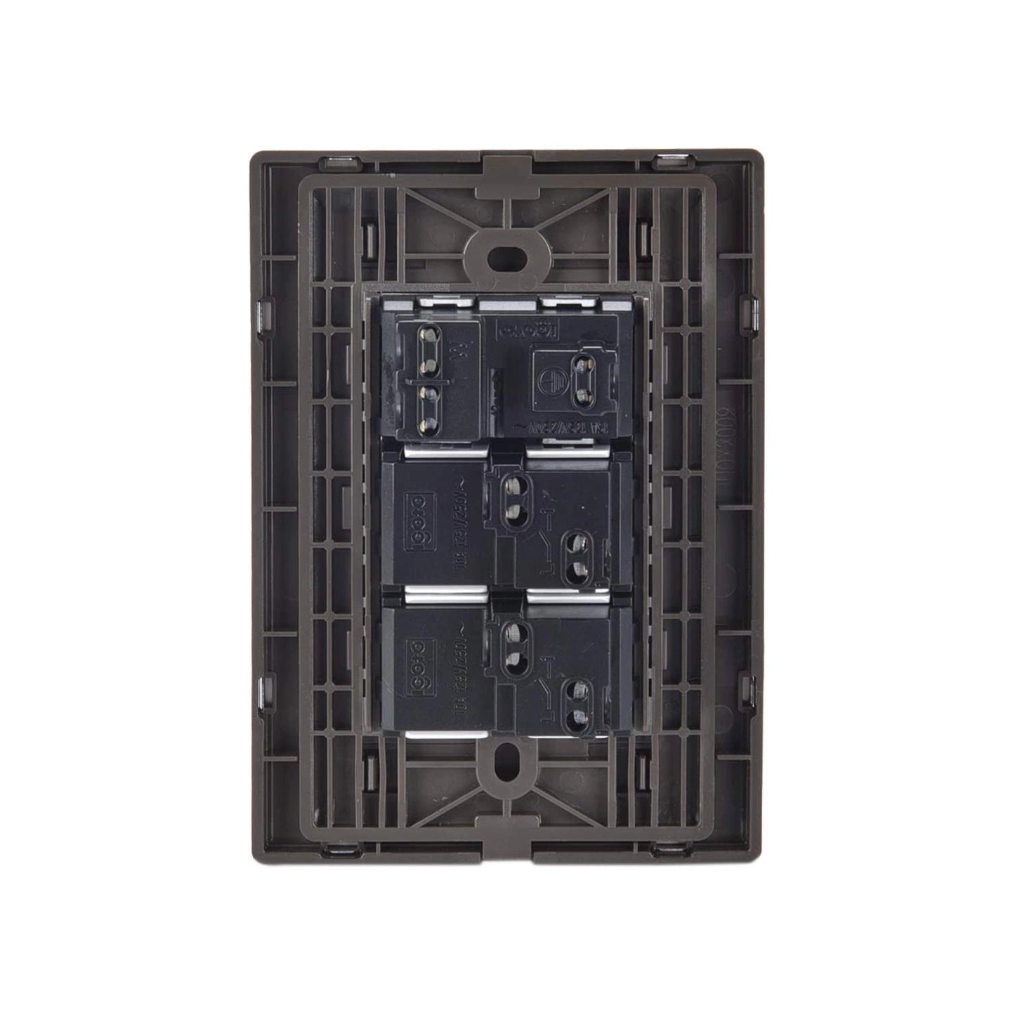 Marco de montaje eléctrico modular marrón HDY2009 con 3 módulos GOTO 10A 125V/250V, vista posterior.