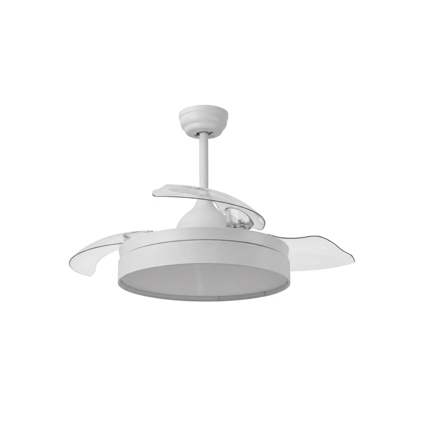 Ventilador de techo moderno blanco con luz integrada y aspas transparentes retráctiles
