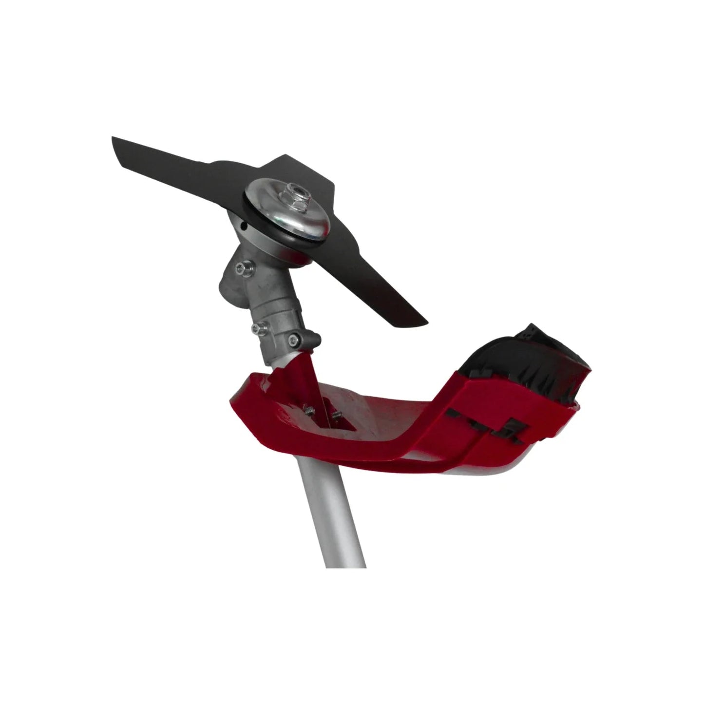 Cuchilla desbrozadora de metal negra con guarda roja y sistema de montaje para desmalezadora recta