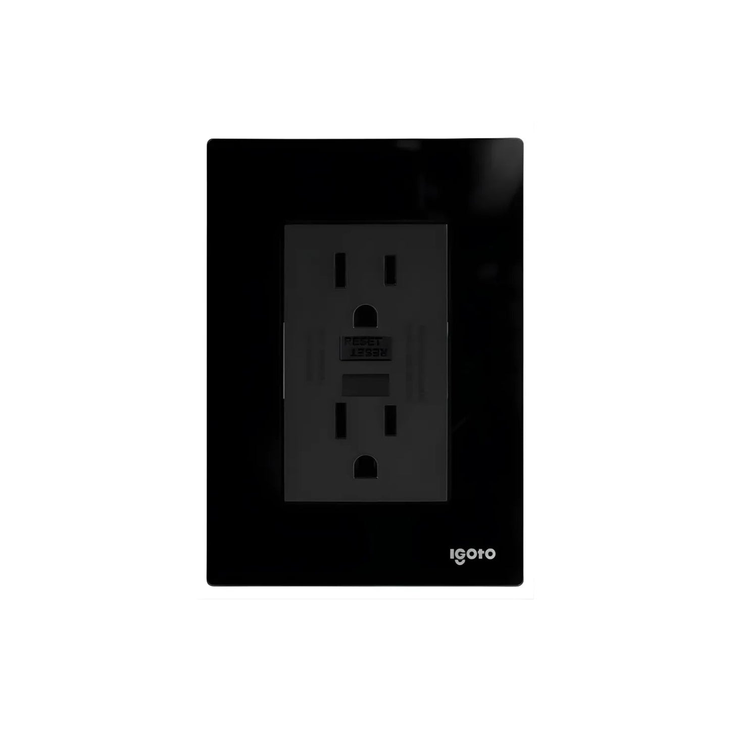 Contacto dúplex GFCI negro Igoto con placa de cristal para protección contra fallas a tierra.