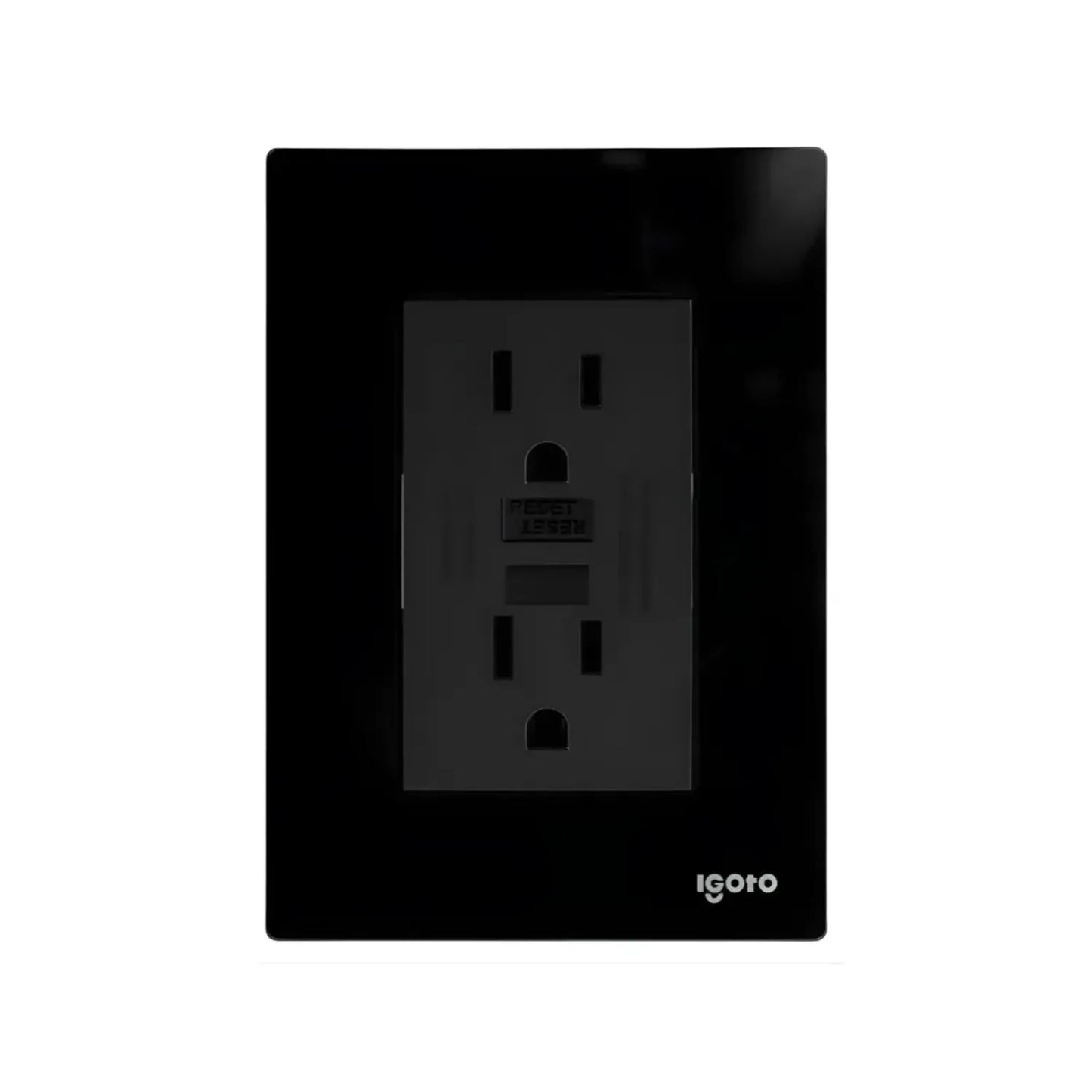 Contacto dúplex GFCI Igoto color negro con placa decorativa de vidrio para instalación eléctrica residencial