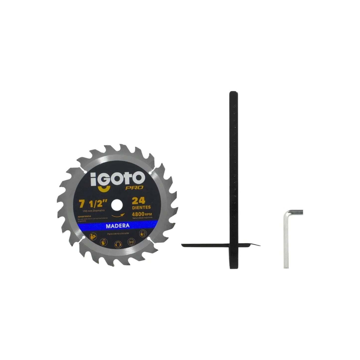 Disco de sierra circular Igoto PRO 7 1/2" (190mm) para madera, 24 dientes, 4800 RPM, con llave Allen