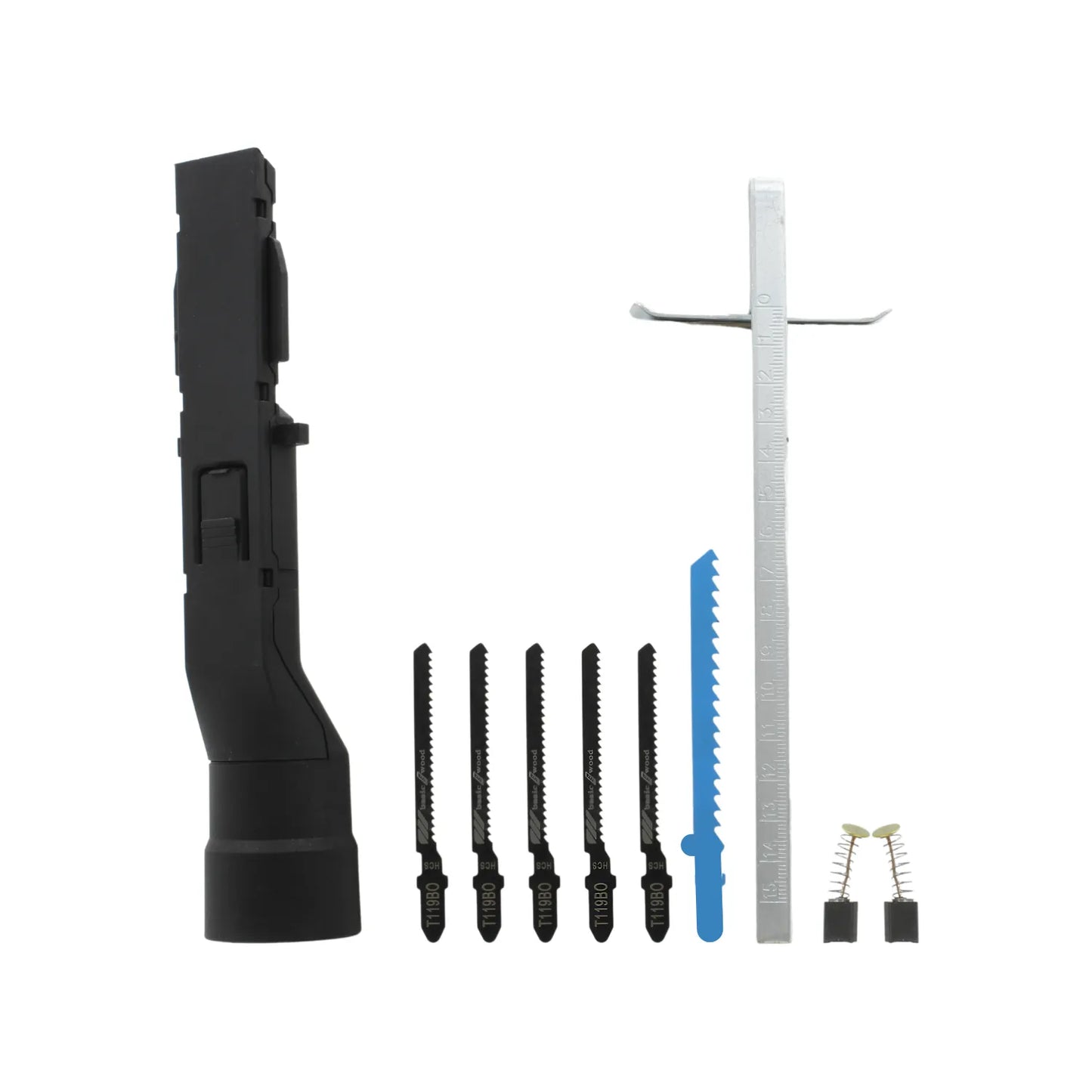 Kit de accesorios para sierra caladora: adaptador extracción polvo negro, 5 hojas de sierra T119BO, 1 hoja azul, guía paralela y escobillas.