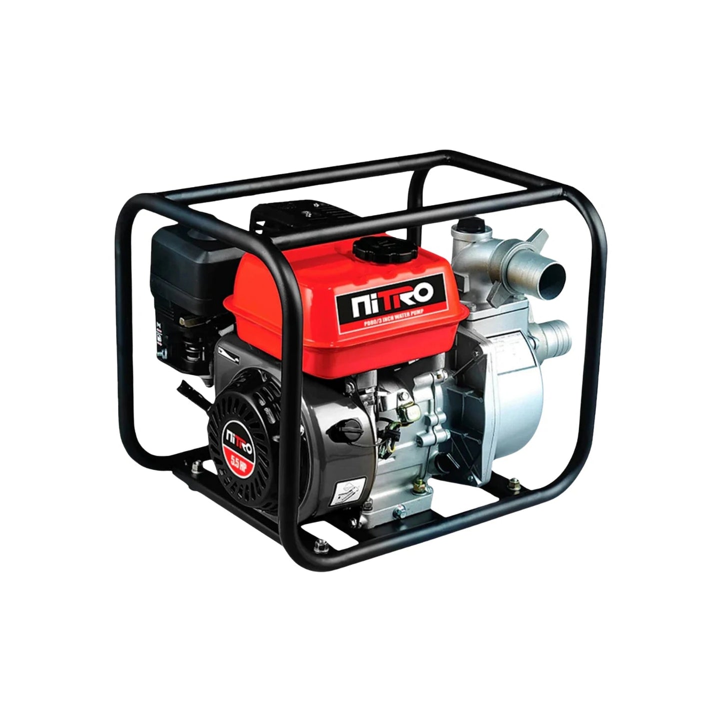 Moto bomba de gasolina Nitro 5.5 HP 2 pulgadas con motor rojo y estructura protectora negra