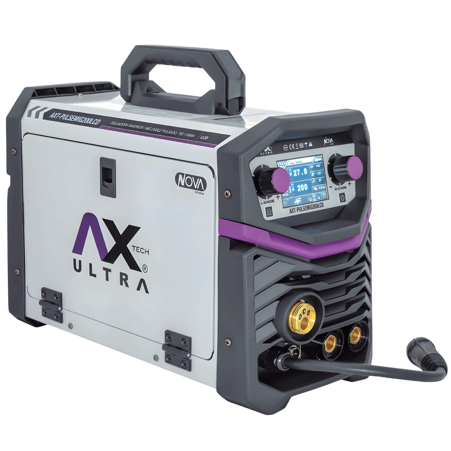 Soldadora inversora Axtech AXT-PULSEMIG200LCD digital 200A, MIG TIG doble pulsado, pantalla LCD, gris y morado.