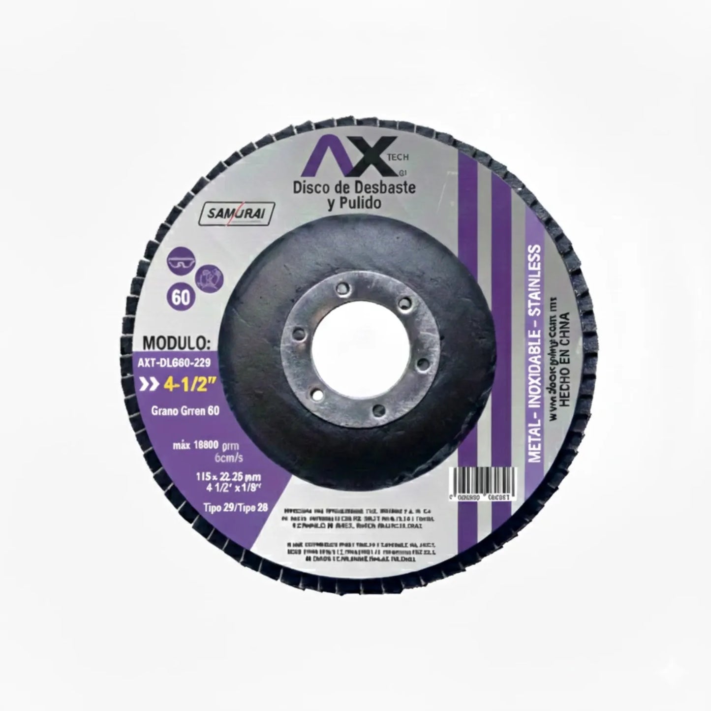 Disco laminado AXT TECH 4 1/2" grano 60 para desbaste y pulido de metal inoxidable, modelo AXT-DLG60-229