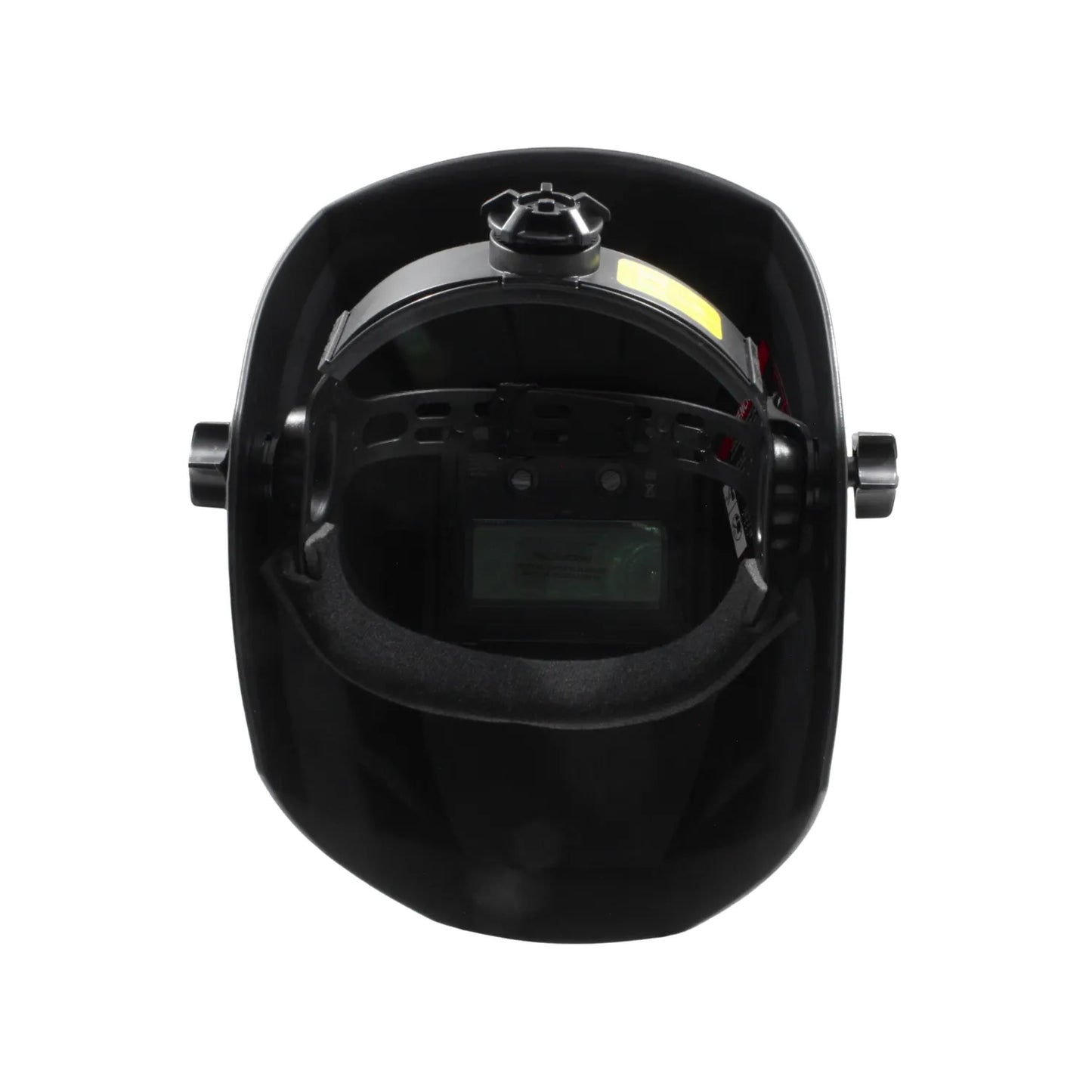 Careta para soldar automática negra vista interior con filtro de auto-oscurecimiento y arnés ajustable