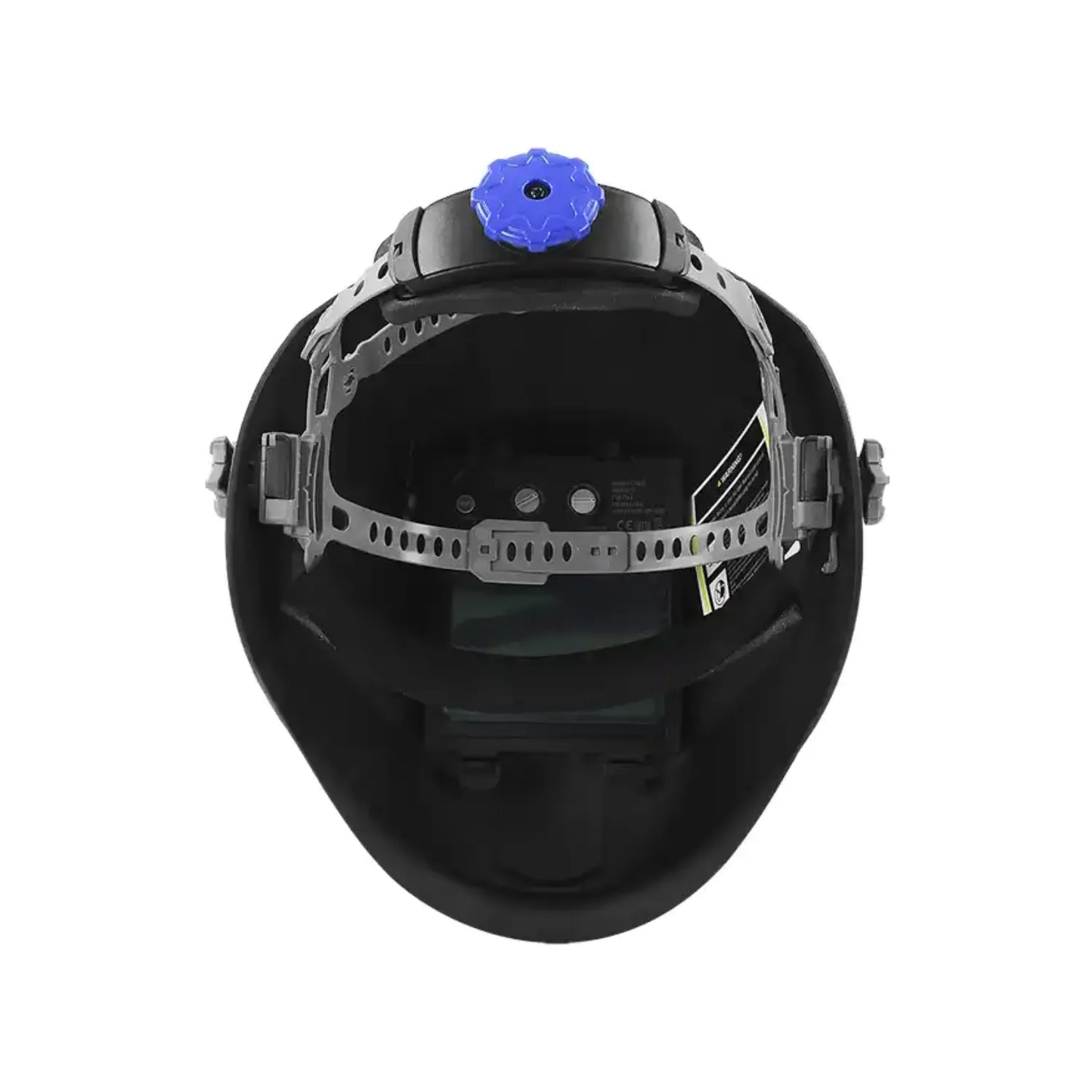 Careta de soldar automática negra con perilla de ajuste azul, vista interior del arnés y filtro ADF
