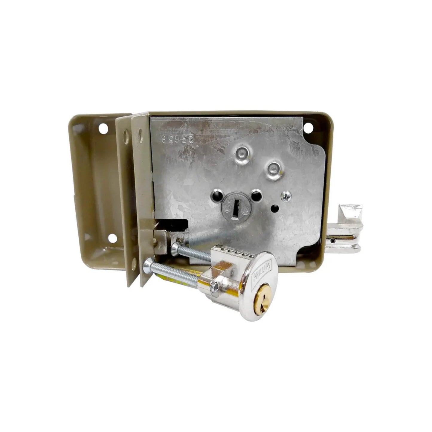 Cerradura de sobreponer Phillips clásica derecha, cuerpo color arena y cilindro de seguridad metálico.