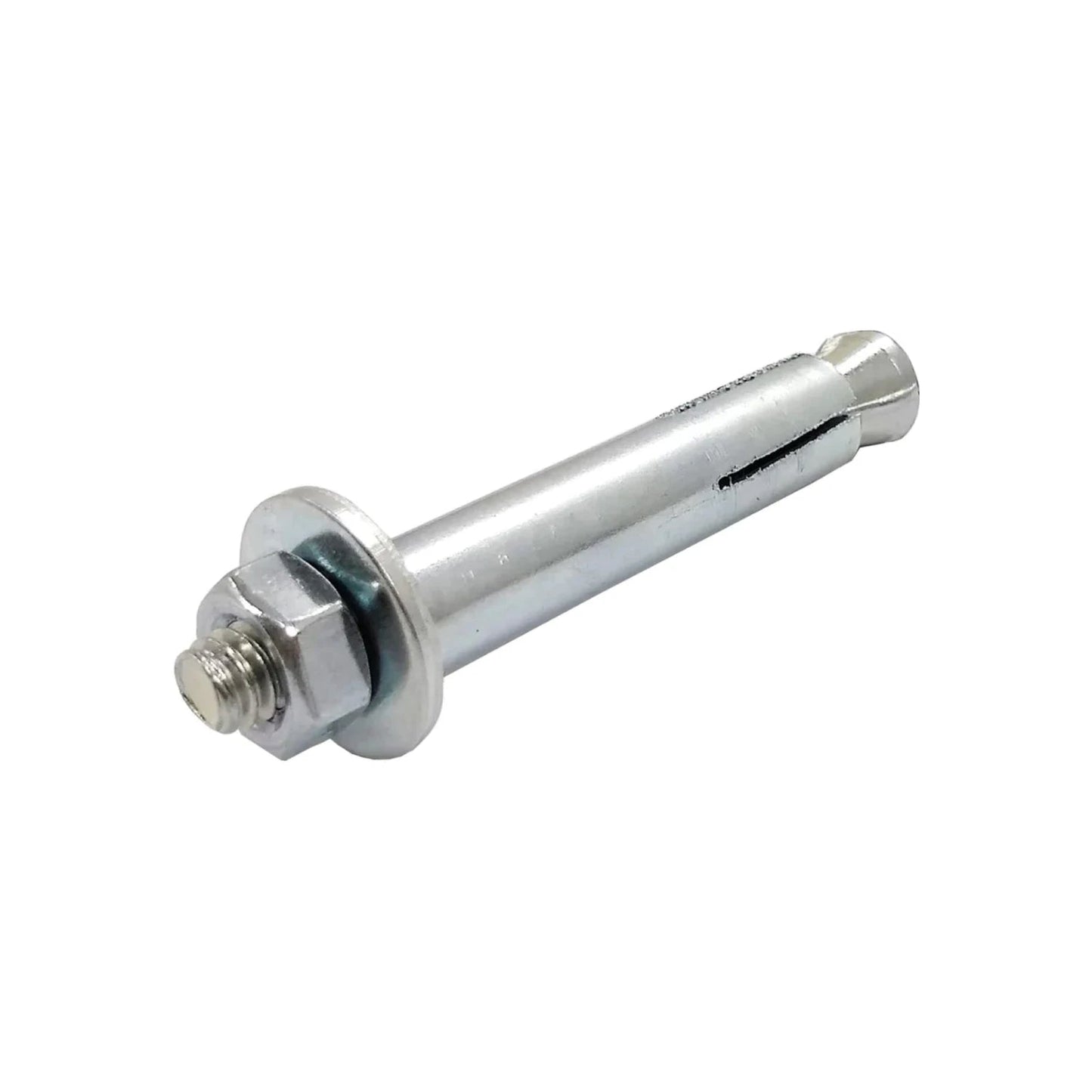 Taquete de expansión de acero zincado con tuerca hexagonal y arandela para anclaje en concreto o ladrillo.