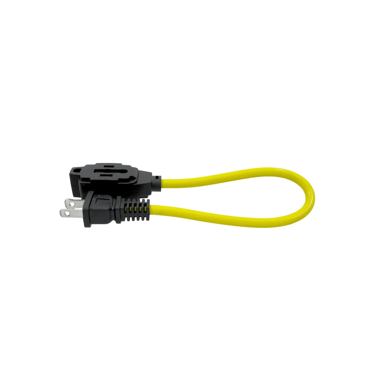 Extensión eléctrica corta amarilla con conectores negros tipo pigtail para ahorro de espacio en multicontactos