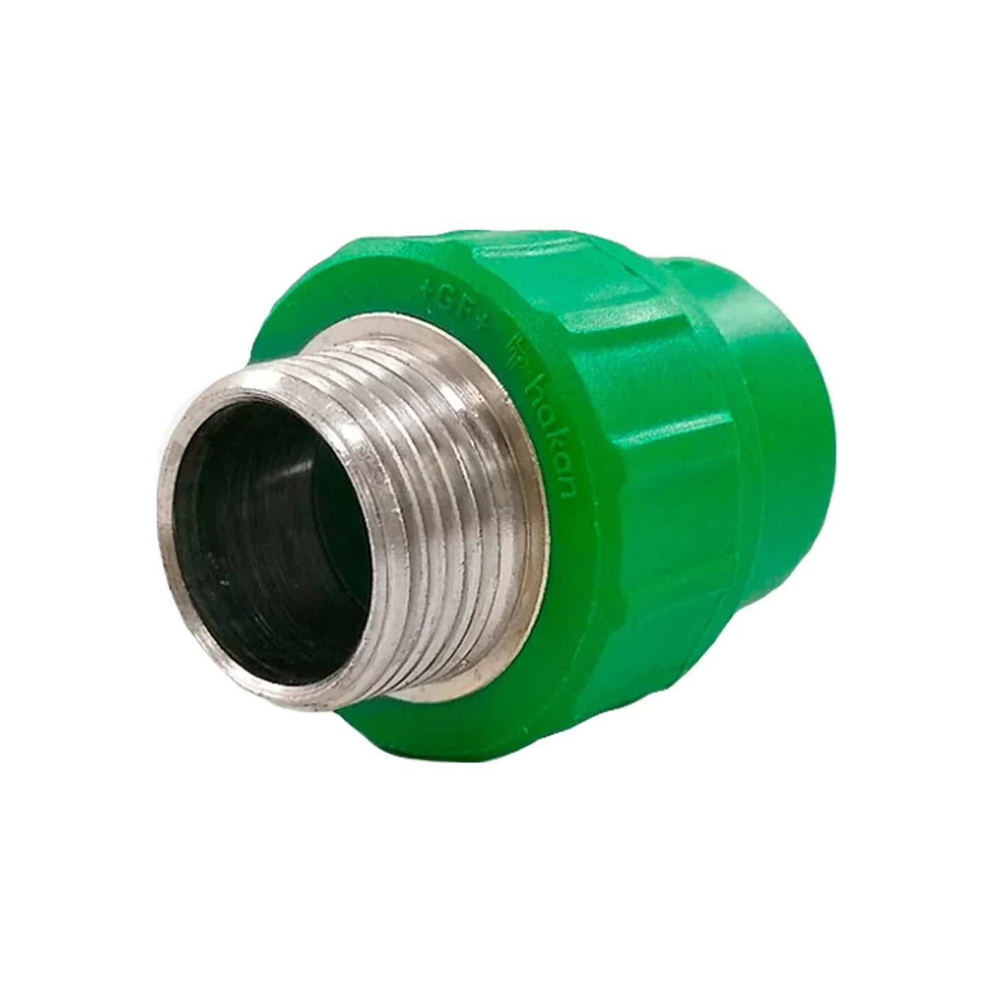 Conector PPR macho verde con rosca metálica para plomería Hakan
