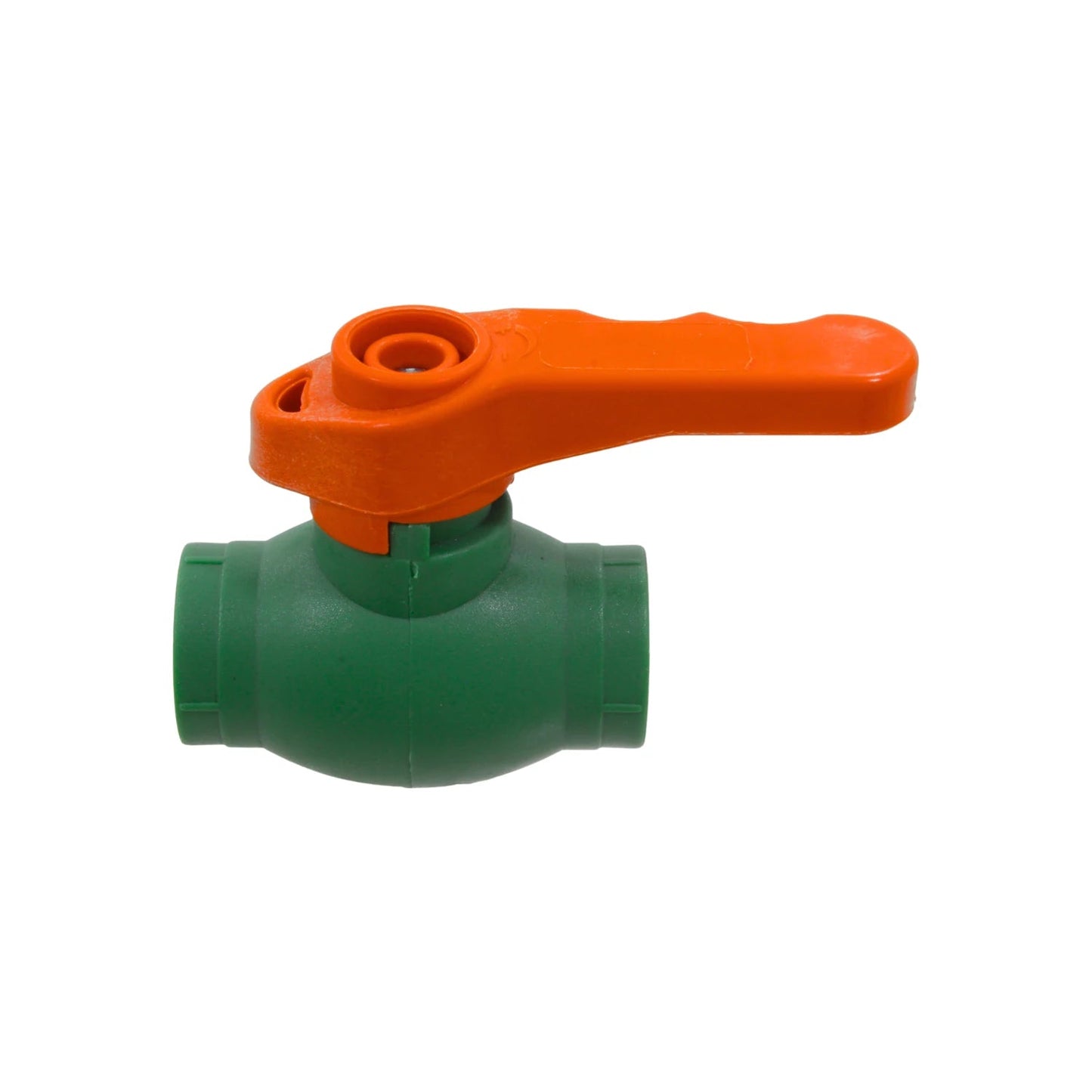 Válvula de esfera PPR verde con manija naranja para instalaciones de plomería y agua.