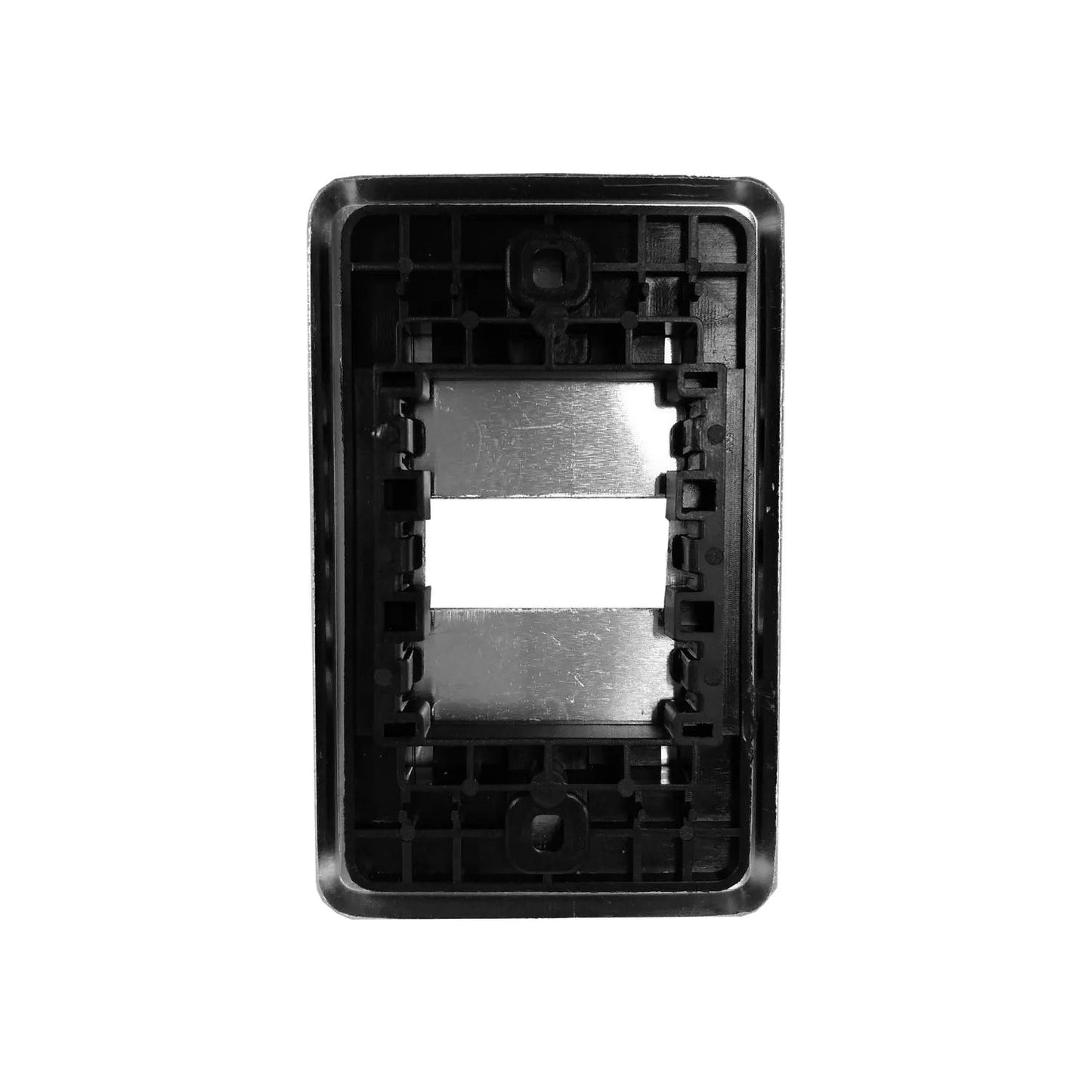 Placa eléctrica negra para 1 módulo vista trasera, con bastidor y soportes metálicos