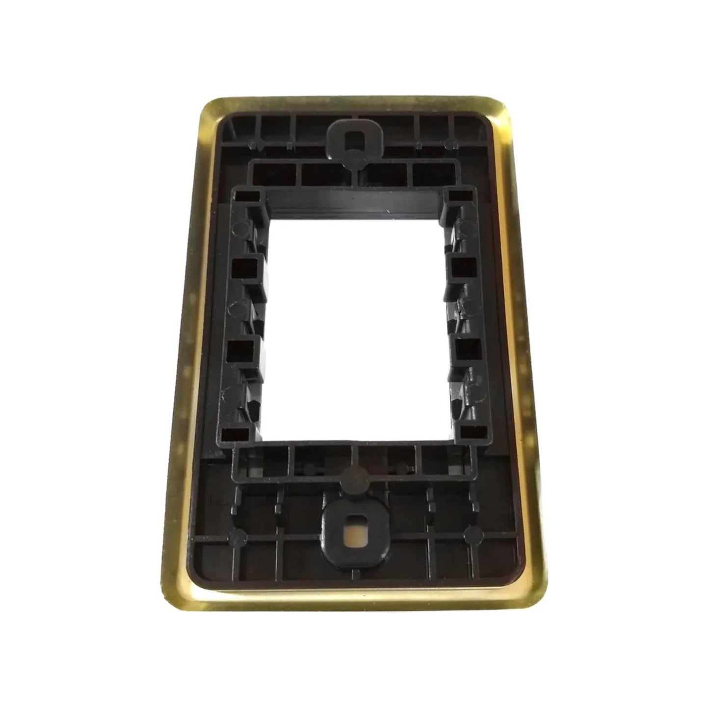 Placa modular dorada para 3 módulos eléctricos, vista trasera con bastidor de instalación para interruptores o contactos.