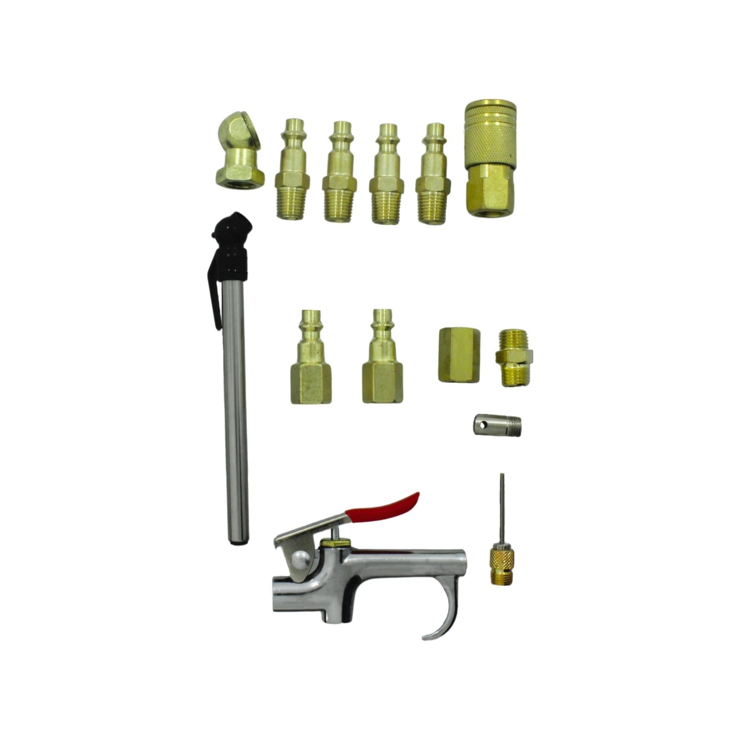 Kit de 14 accesorios de latón para compresora: coples rápidos, pistola de aire, manómetro, conectores y aguja infladora.