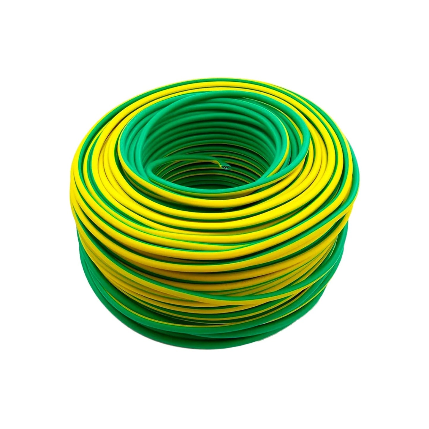 Cable eléctrico bicolor verde y amarillo enrollado, ideal para instalaciones de tierra física y seguridad.