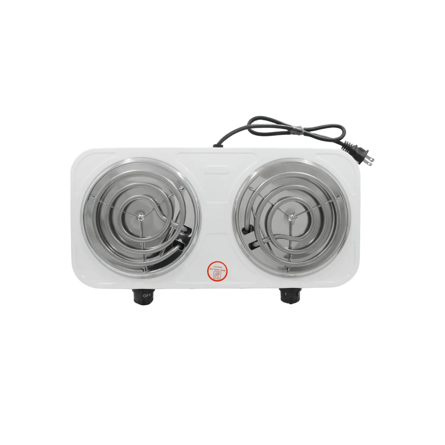 Hornilla eléctrica portátil doble quemador blanca, superficie con elementos calefactores de espiral y perillas de control