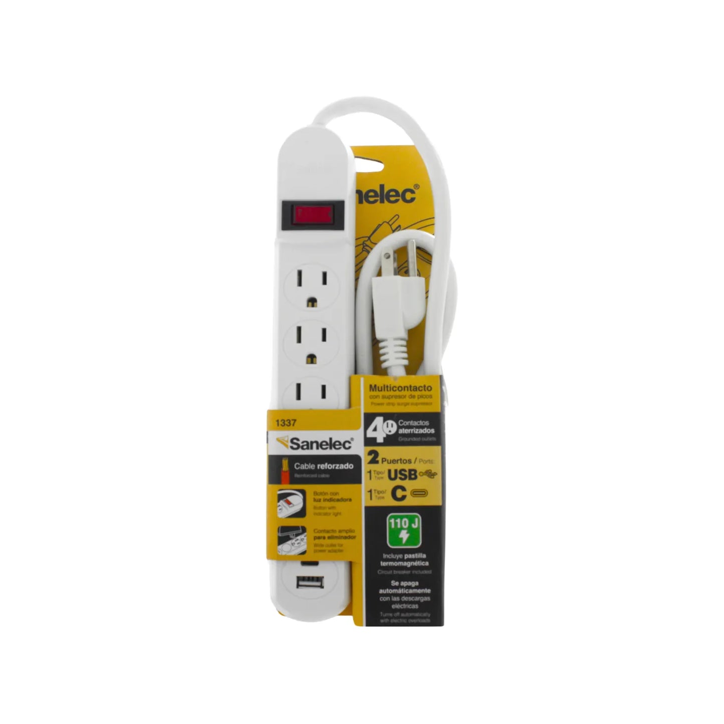 Multicontacto Sanelec blanco 4 entradas, supresor de picos 110J, puerto USB y USB-C con cable reforzado.