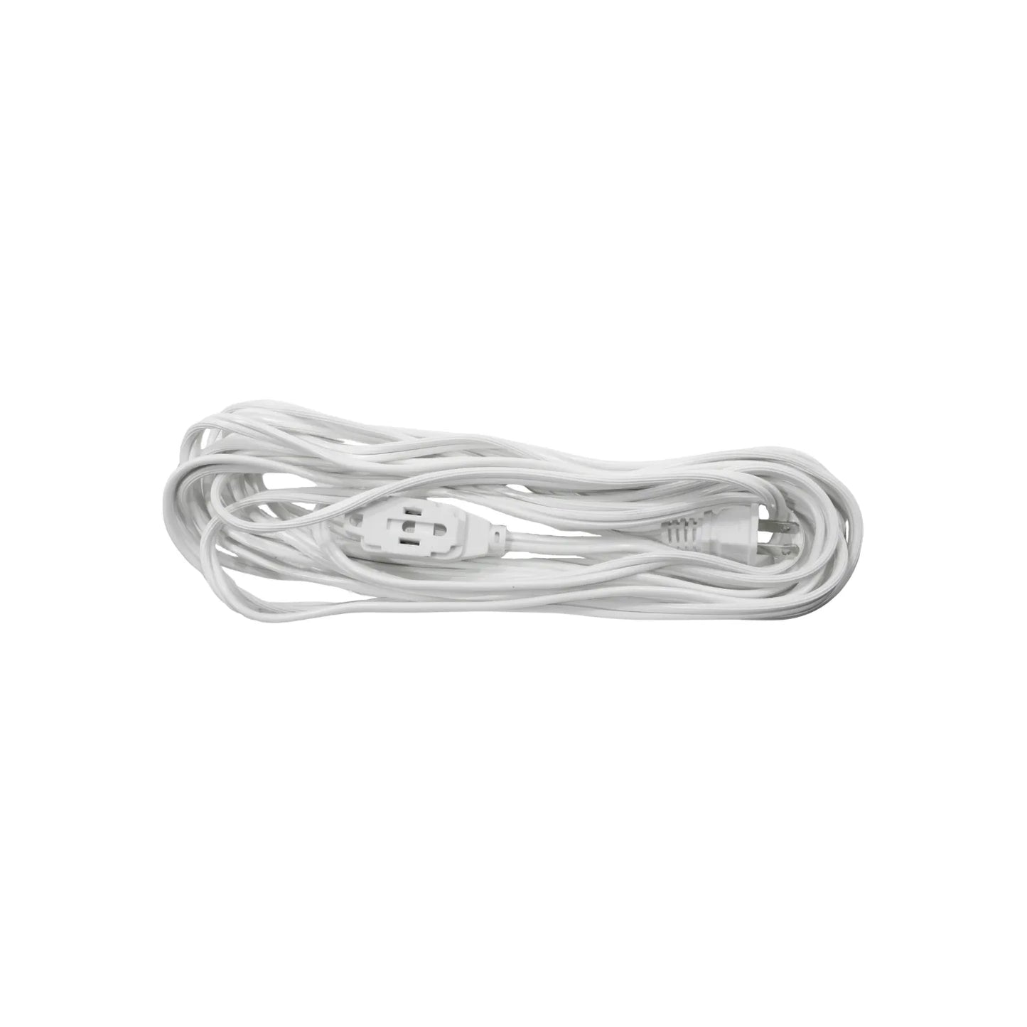 Cable de extensión eléctrico blanco enrollado con 3 tomas, ideal para equipos del hogar y oficina.