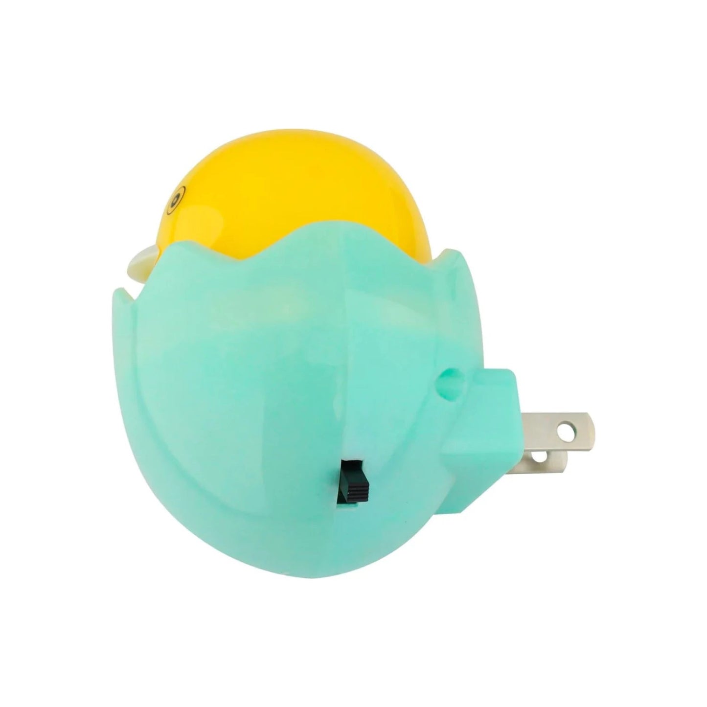 Lámpara de noche LED 5W de pollito naciendo en cascarón, amarillo y menta, con enchufe y apagador.