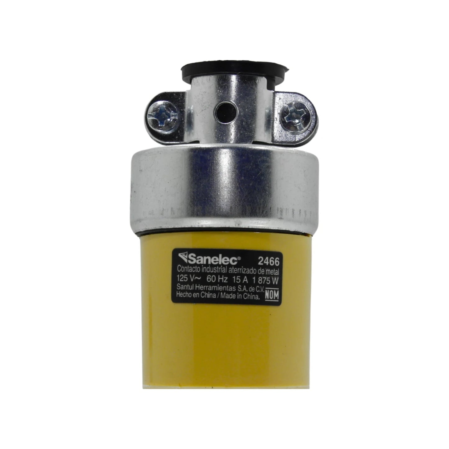 Contacto industrial Sanelec 2466 aterrizado amarillo de metal, 125V 15A para conexiones eléctricas robustas