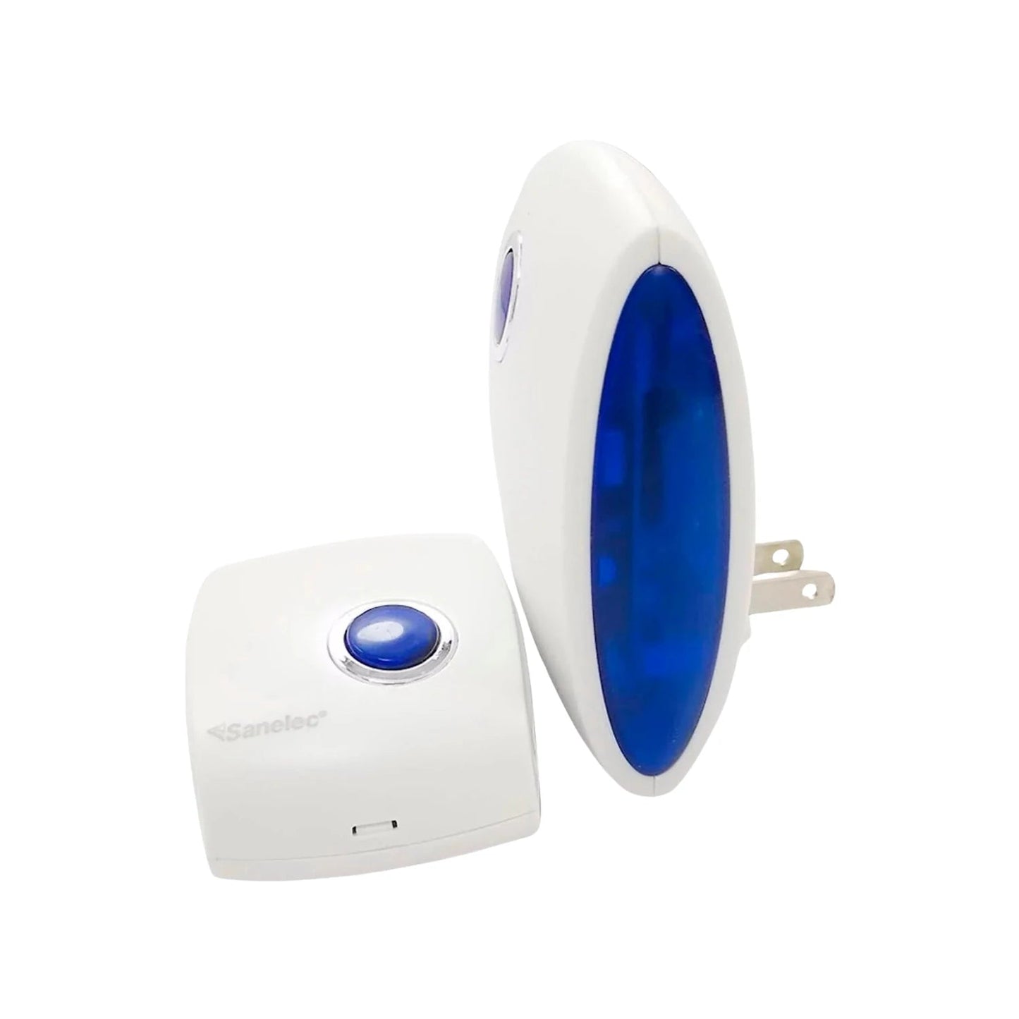 Timbre inalámbrico Sanelec con receptor de clavija y botón pulsador azul