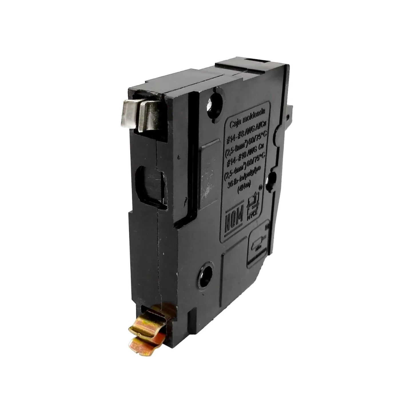 Interruptor automático (breaker) de caja moldeada negro para protección eléctrica, con terminales y marcado NOM