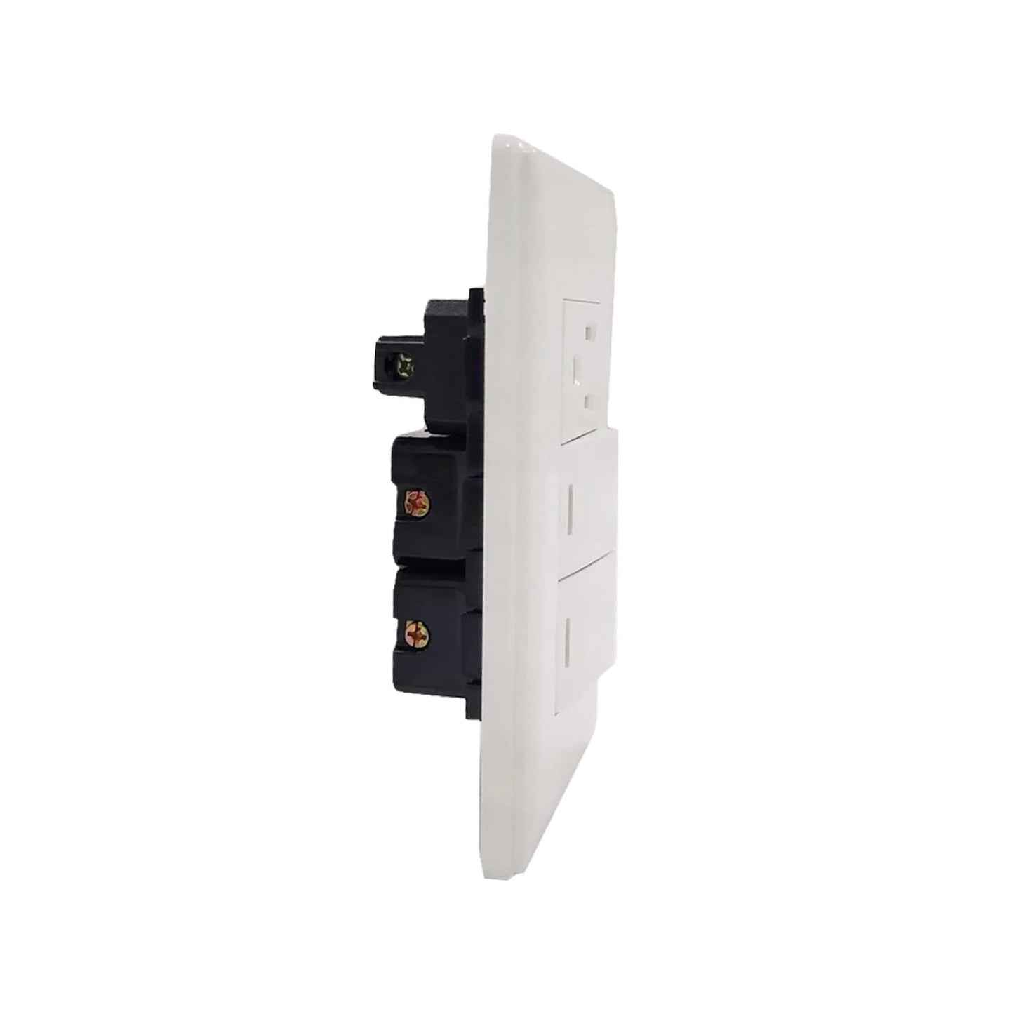 Placa eléctrica blanca con 2 apagadores y 1 contacto, lista para instalación de pared.