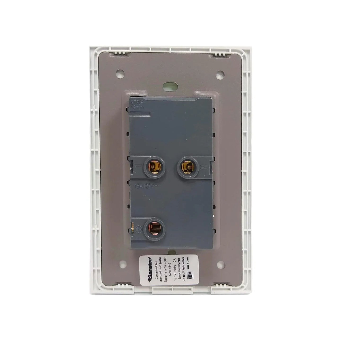Placa Sanelec con contacto doble aterrizado 15A 127V, color blanco, para instalación eléctrica.