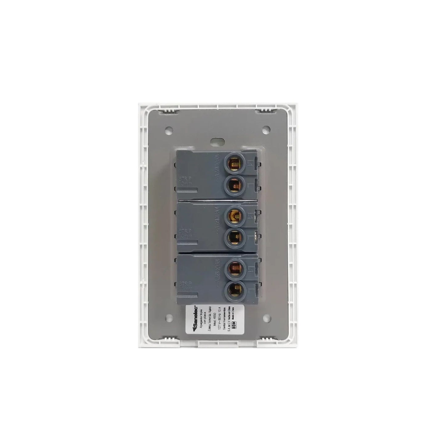 Apagador triple Sanelec 10A 127V, interruptor de luz blanco. Conexiones eléctricas para instalación doméstica.