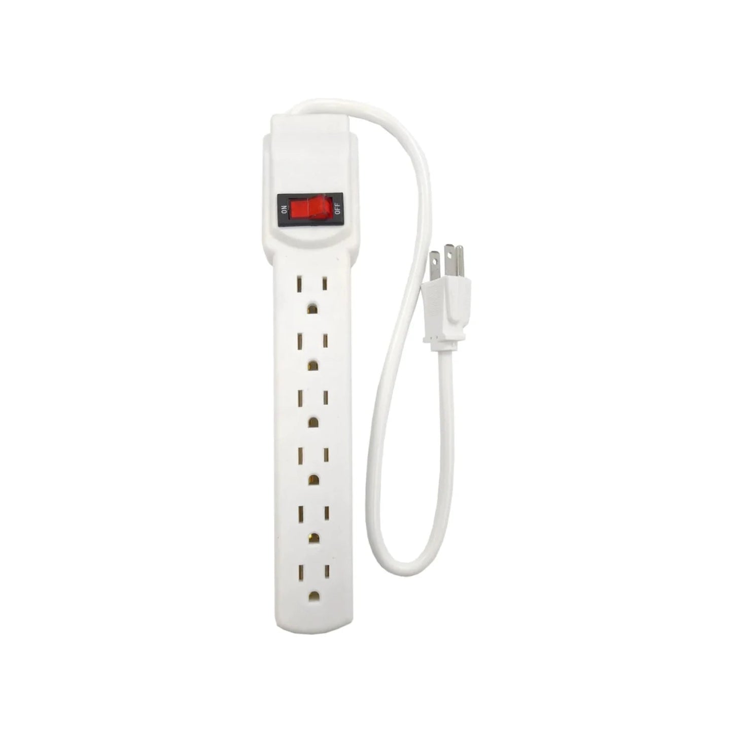 Multicontacto blanco con 6 tomas de corriente, interruptor de encendido/apagado y clavija polarizada de 3 patas.