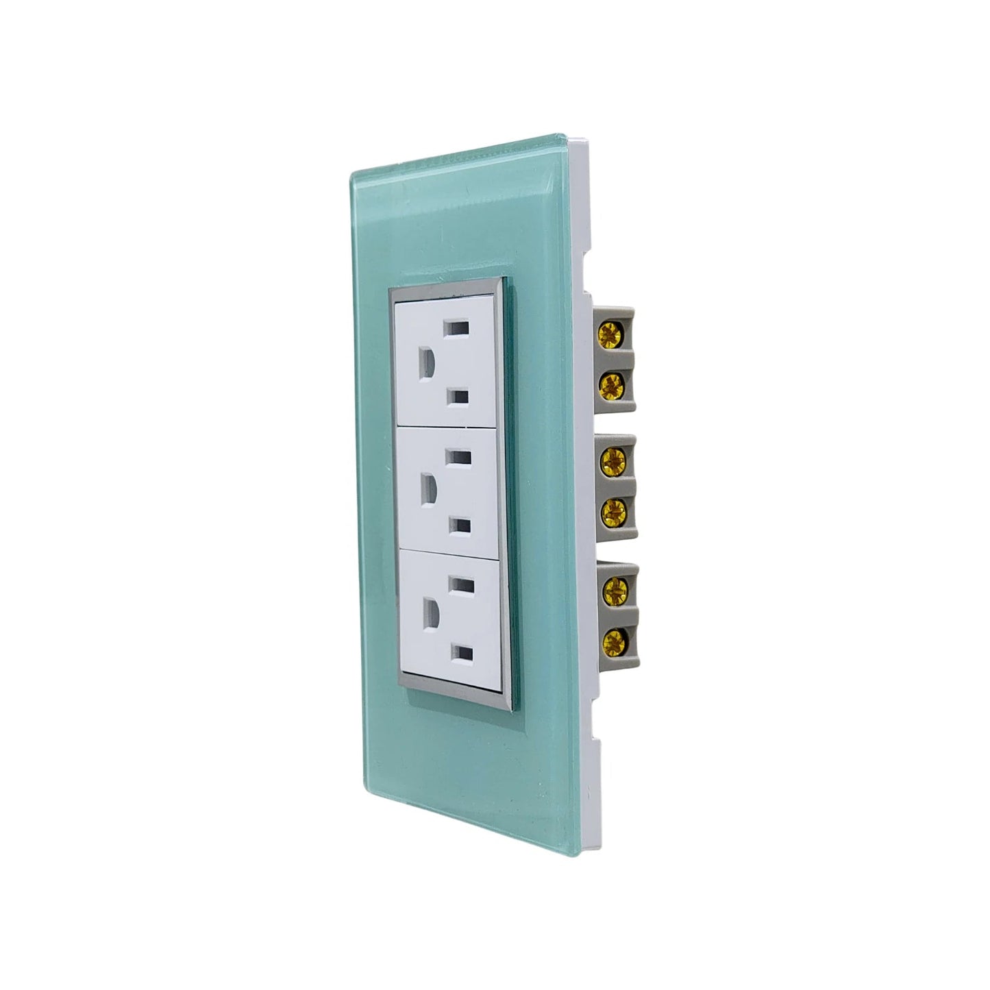 Placa de 3 contactos eléctricos, tomacorriente residencial con cubierta de vidrio azul aqua.