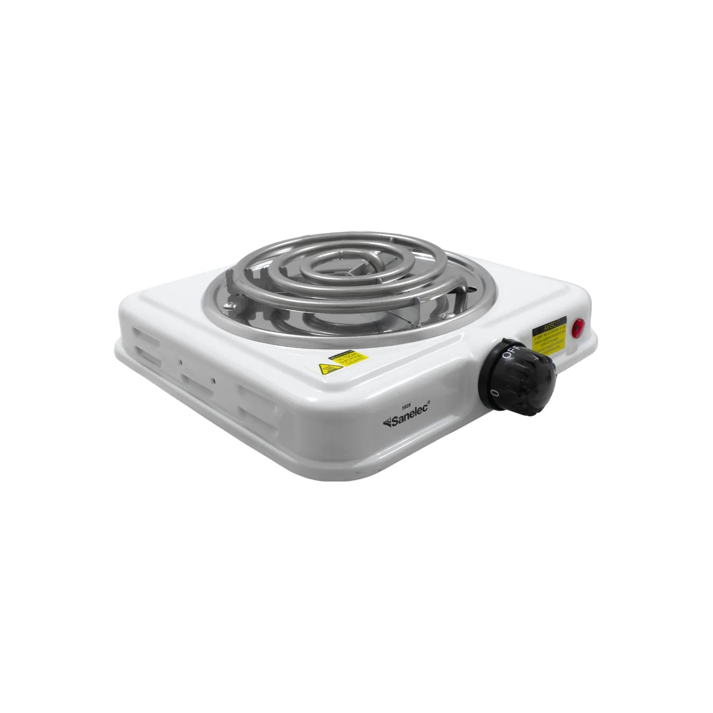 Parrilla eléctrica blanca Sanelec de un quemador con resistencia en espiral y perilla de control ajustable