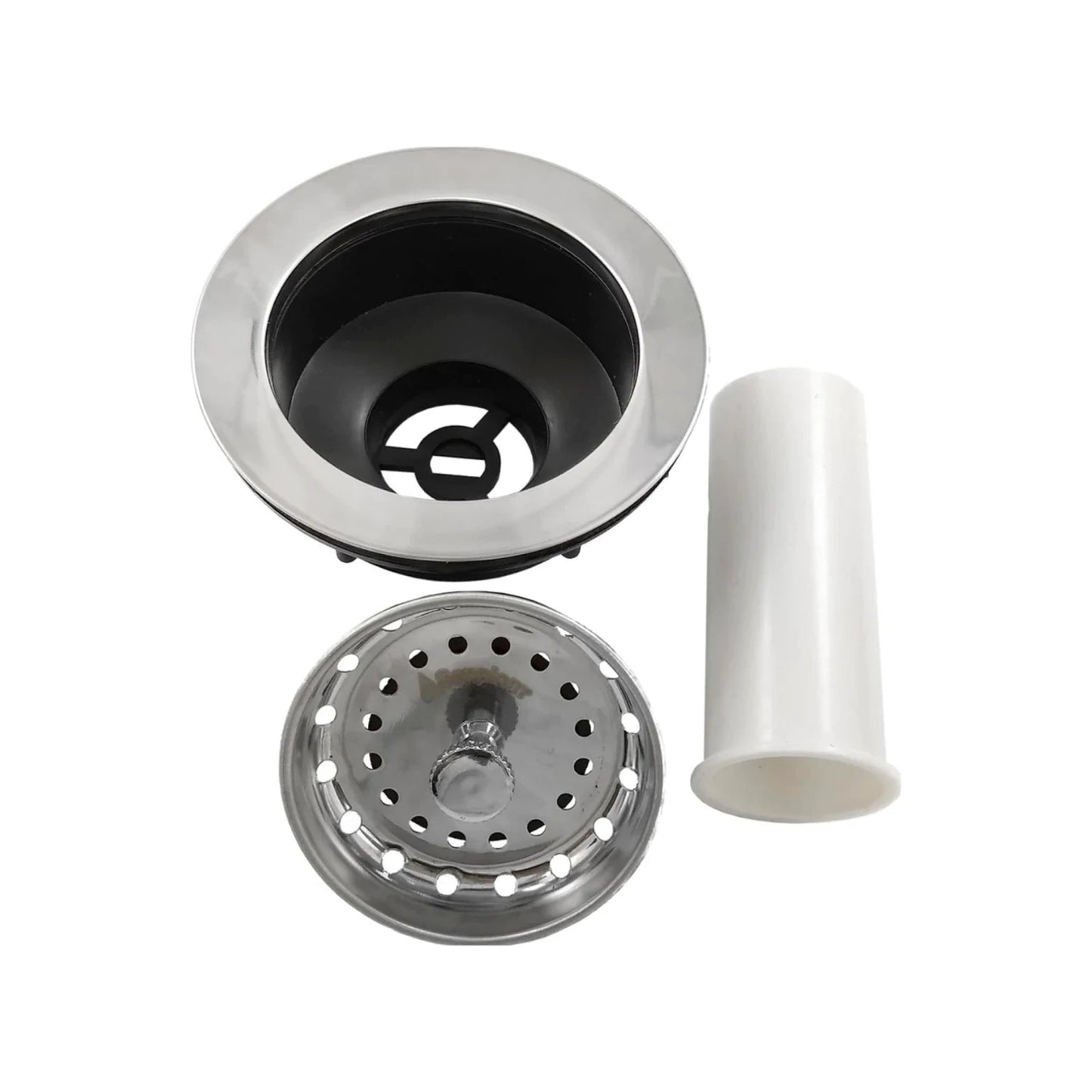 Contra canasta para fregadero de cocina, acero inoxidable, con canastilla filtro y tubo desagüe de plástico blanco