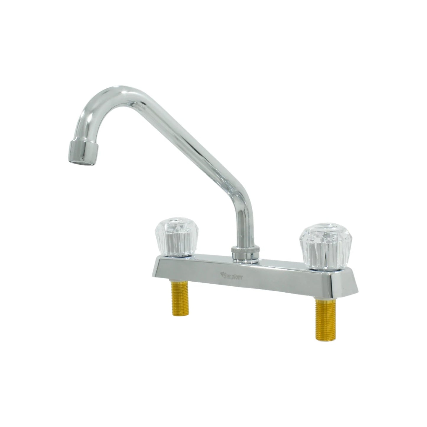 Mezcladora para fregadero Sanplom cromada con cuello de ganso y manerales acrílicos transparentes