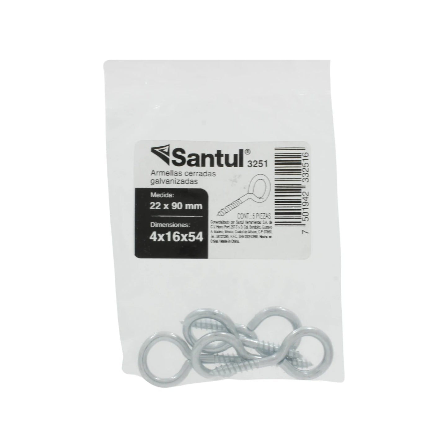 Armella cerrada galvanizada Santul 22x90 mm, paquete de 5 tornillos de ojo.