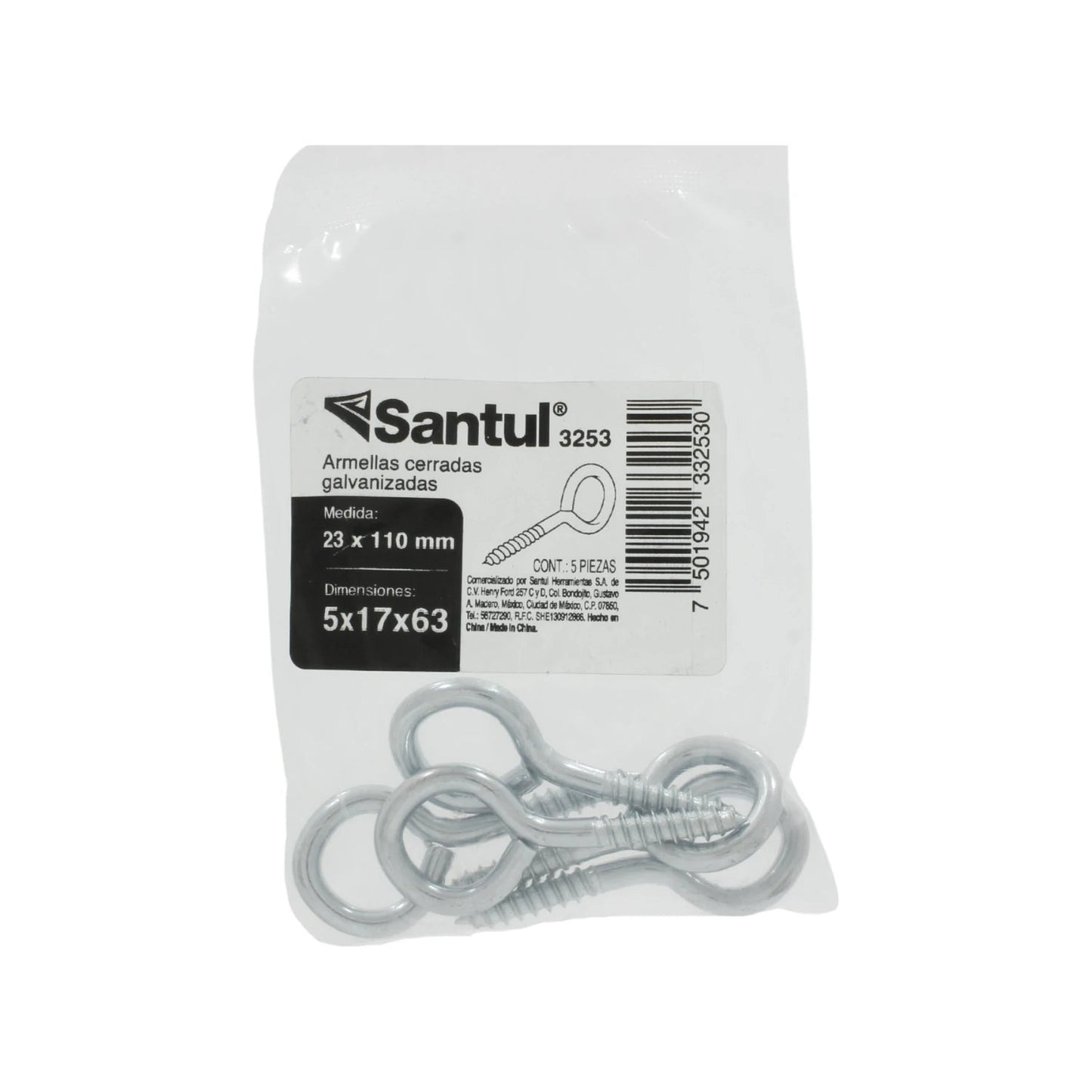 Armellas cerradas galvanizadas Santul 3253, medida 23x110mm, paquete de 5 piezas.