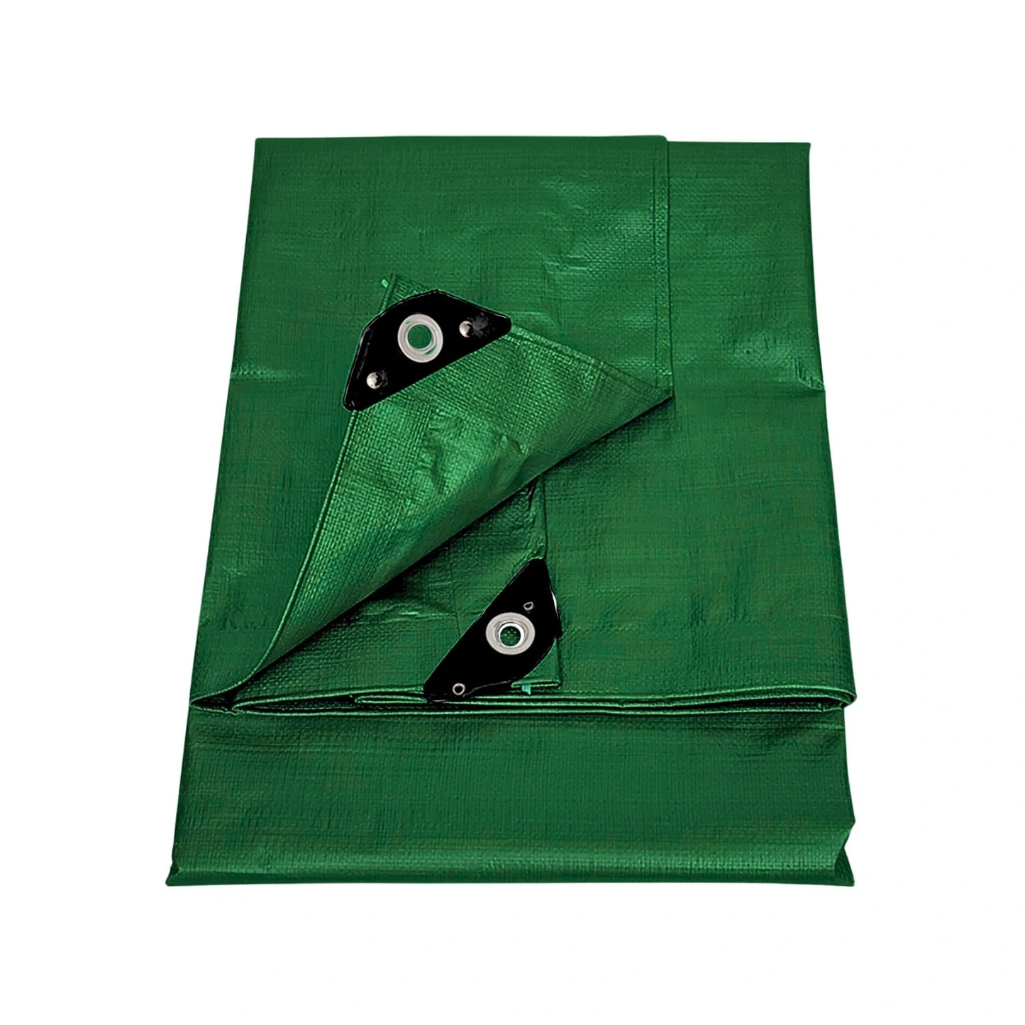 Lona protectora verde plegada con ojales metálicos, impermeable y resistente para uso exterior.