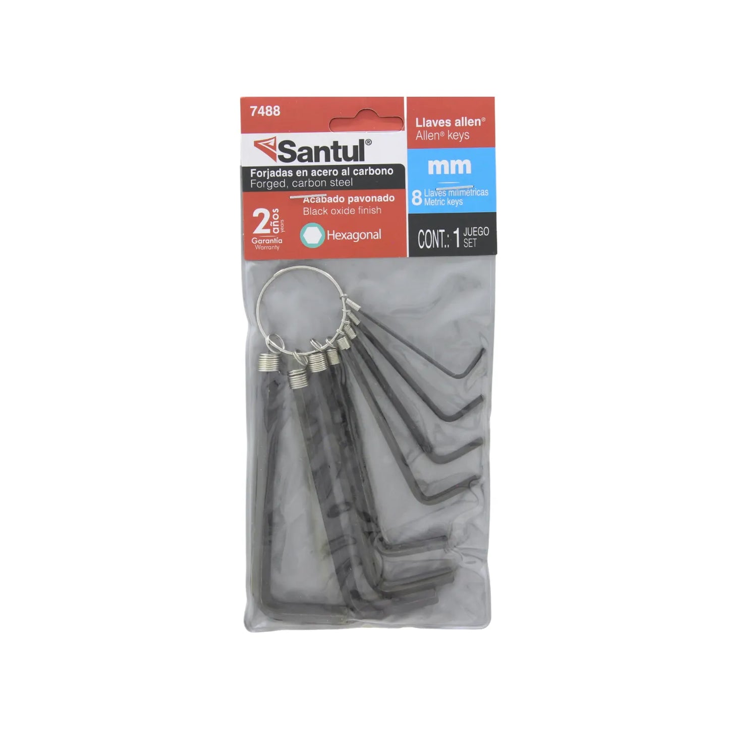 Juego de 8 llaves Allen milimétricas Santul de acero al carbono acabado pavonado negro con argolla metálica