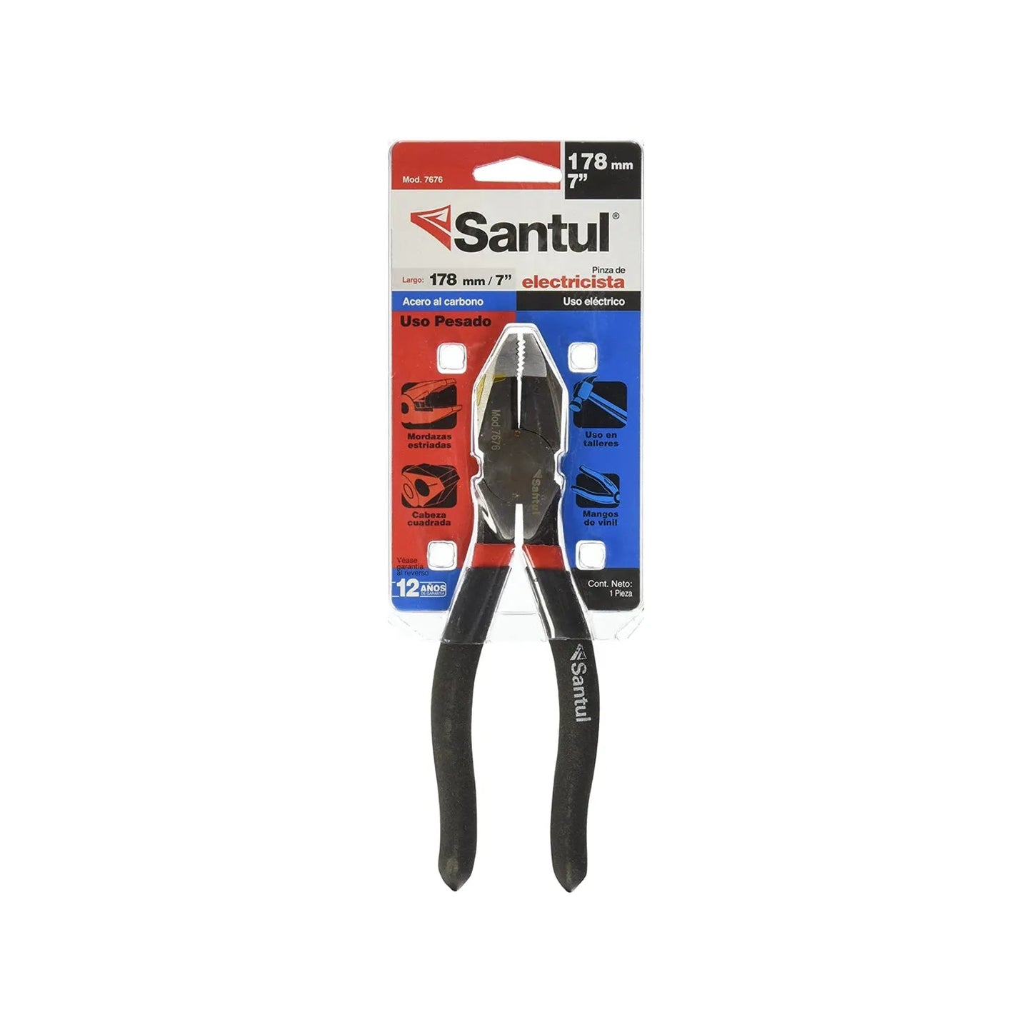 Pinza electricista Santul 7" (178mm) acero al carbono, mangos aislados negros y rojos, uso rudo.