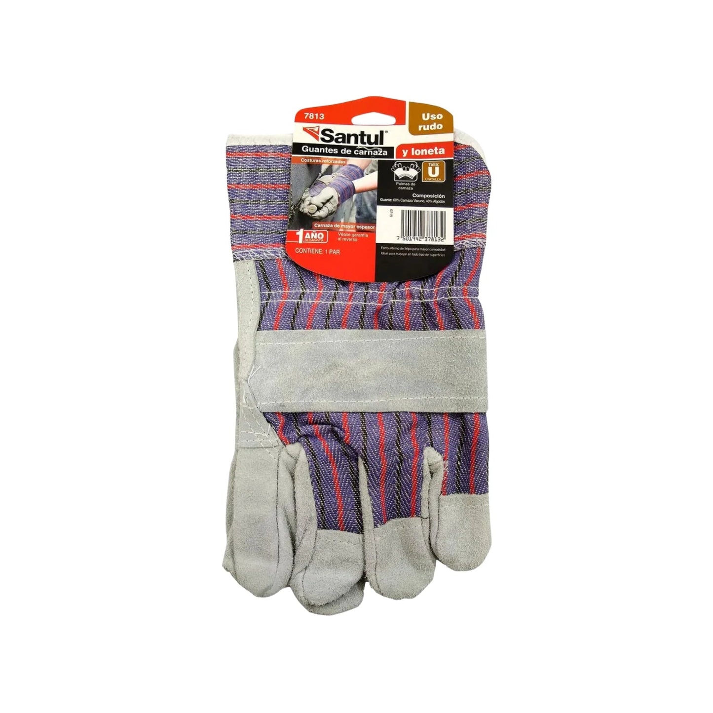 Guantes de trabajo Santul 7813 de carnaza gris y loneta rayada, costuras reforzadas para uso rudo y protección industrial