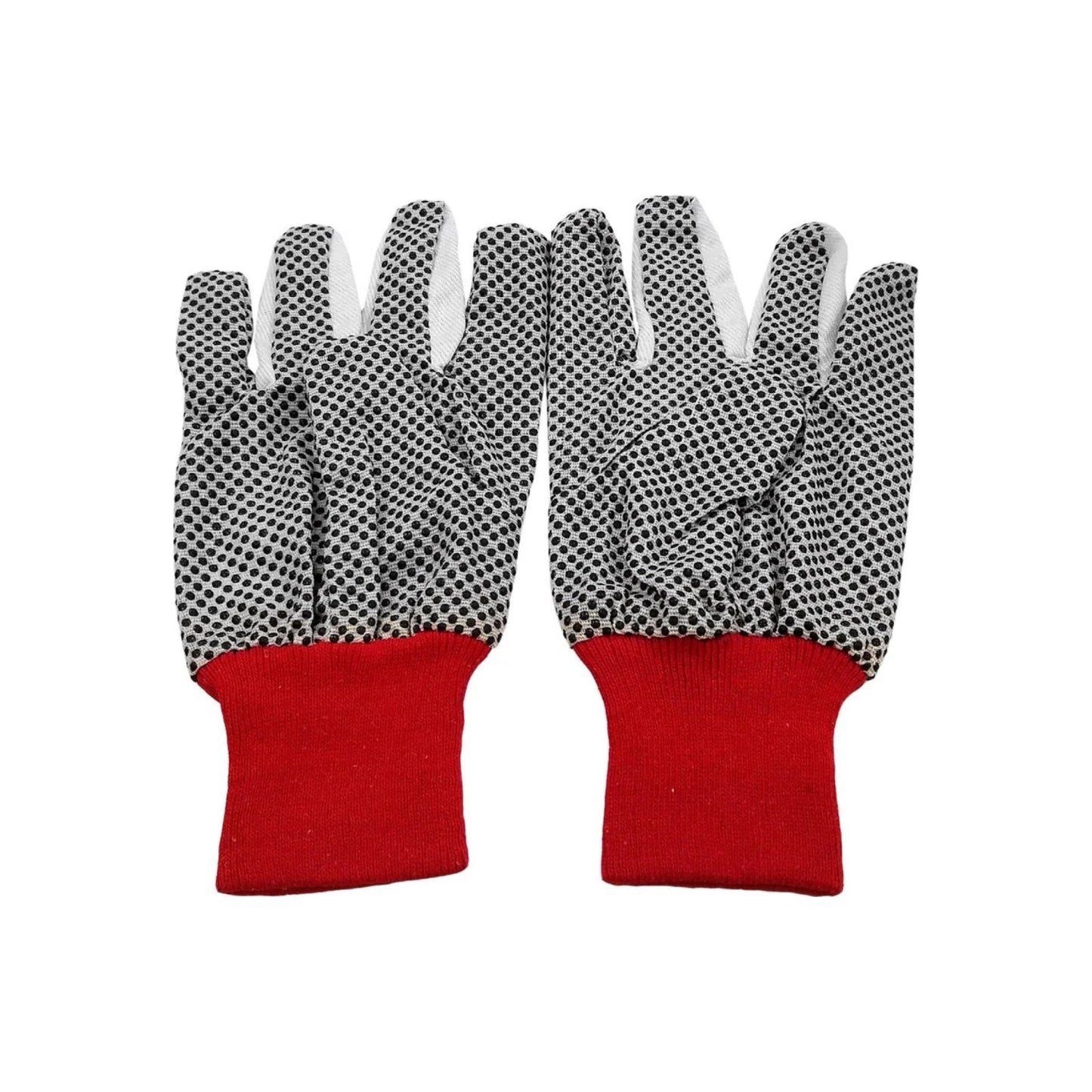 Guantes de algodón antiderrapantes blancos con puntos negros y puños rojos, ideales para trabajo.