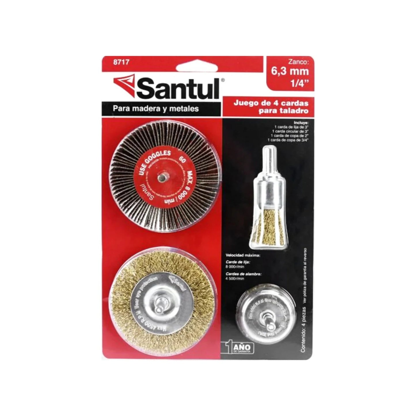 Juego de 4 cardas Santul para taladro 1/4" para madera y metales: lija, cepillos de alambre circulares y de copa.