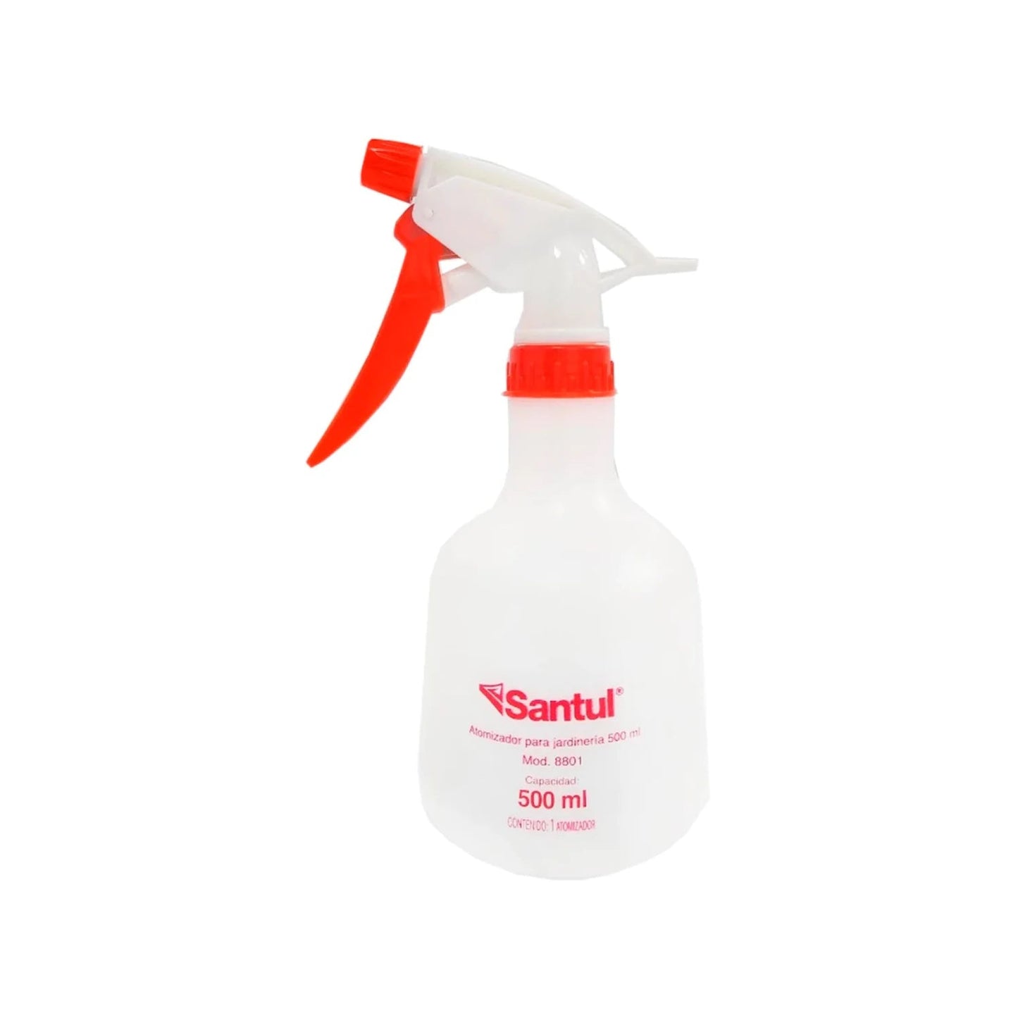Atomizador Santul blanco de 500 ml con gatillo y boquilla naranja, ideal para jardinería y plantas.